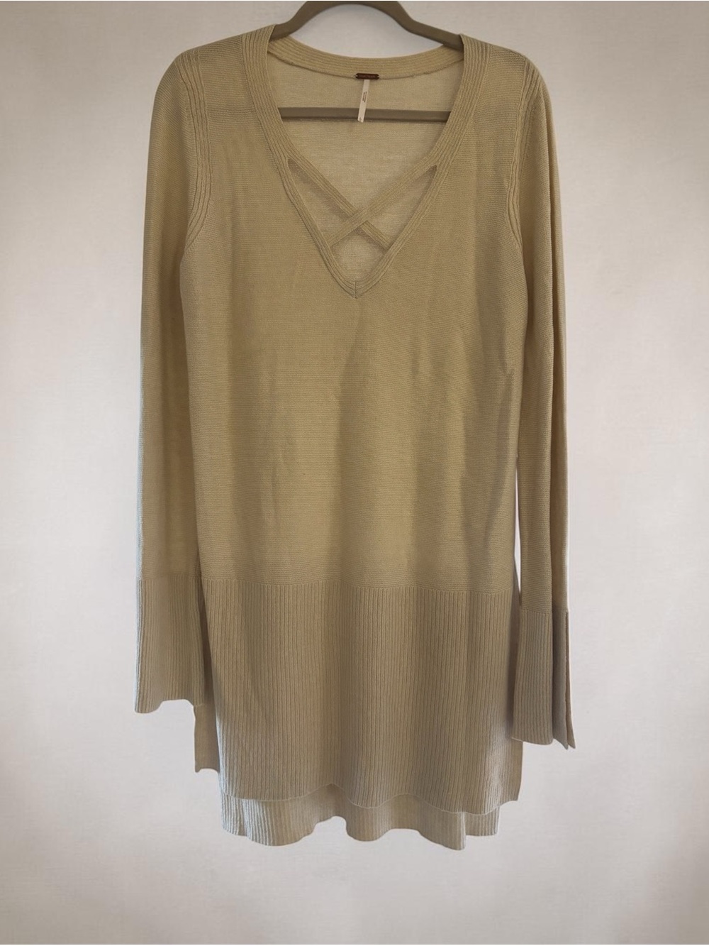 Free People Crisscross V-Neck Tunic Sweater - Beige